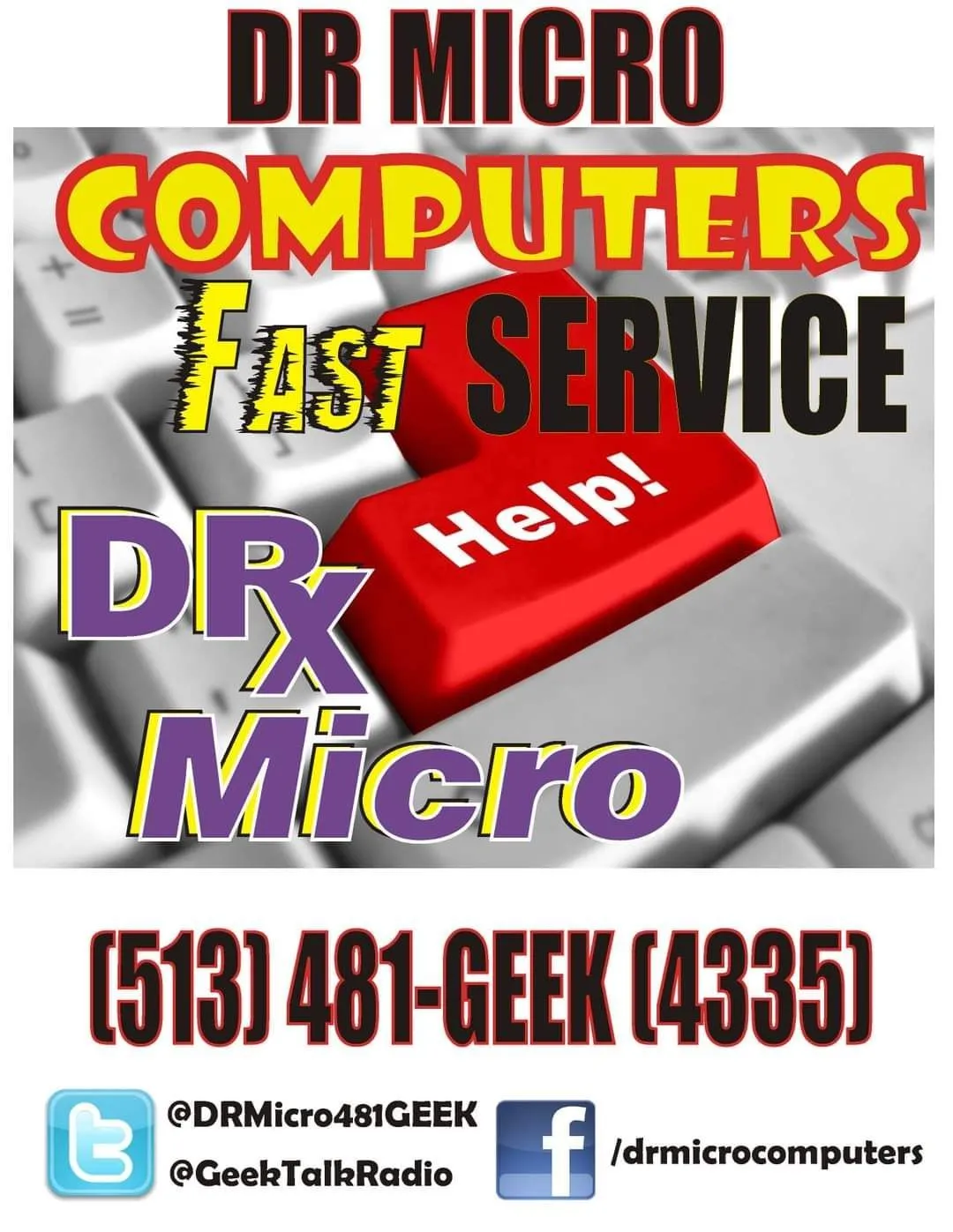DR Micro poster reading Computers Fast Service with a red Help key on a keyboard