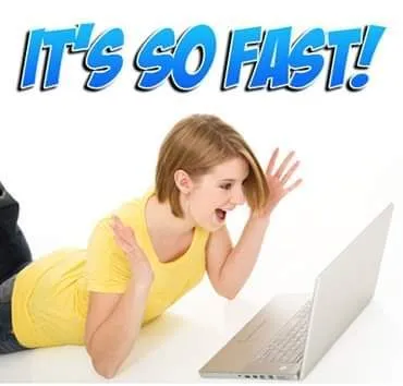 Cartoon-style poster of a woman at a laptop shouting It's so fast!
